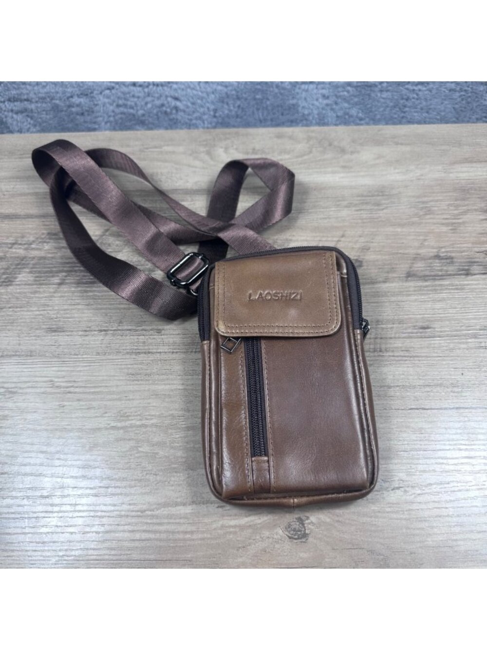 Laoshizi Brown Leather Crossbody Phone Bag With Adjustable Strap & Multiple Comp